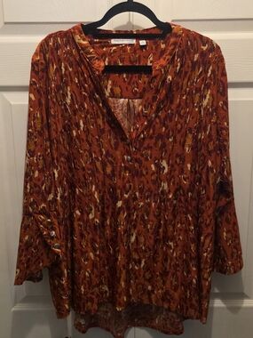 Notations Abstract Print Peasant Blouse - Burnt Orange 2x